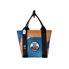 An orange and blue upcycled tote bag - Front view