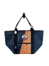 A large Orange and Blue upcycled tote bag - Front View